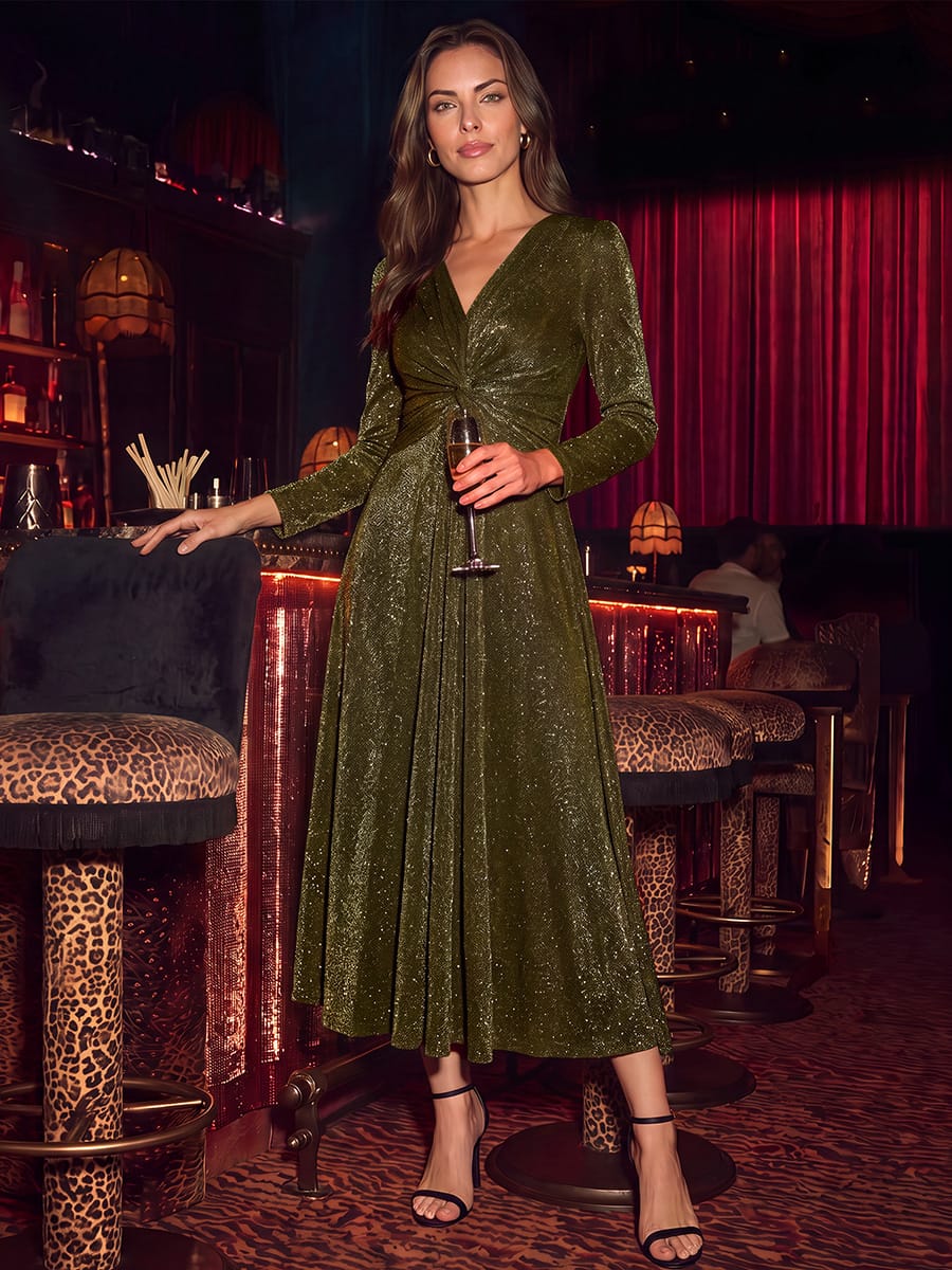 Knotted Knit Fitted Sleeve Dress #color_Metallic Gold