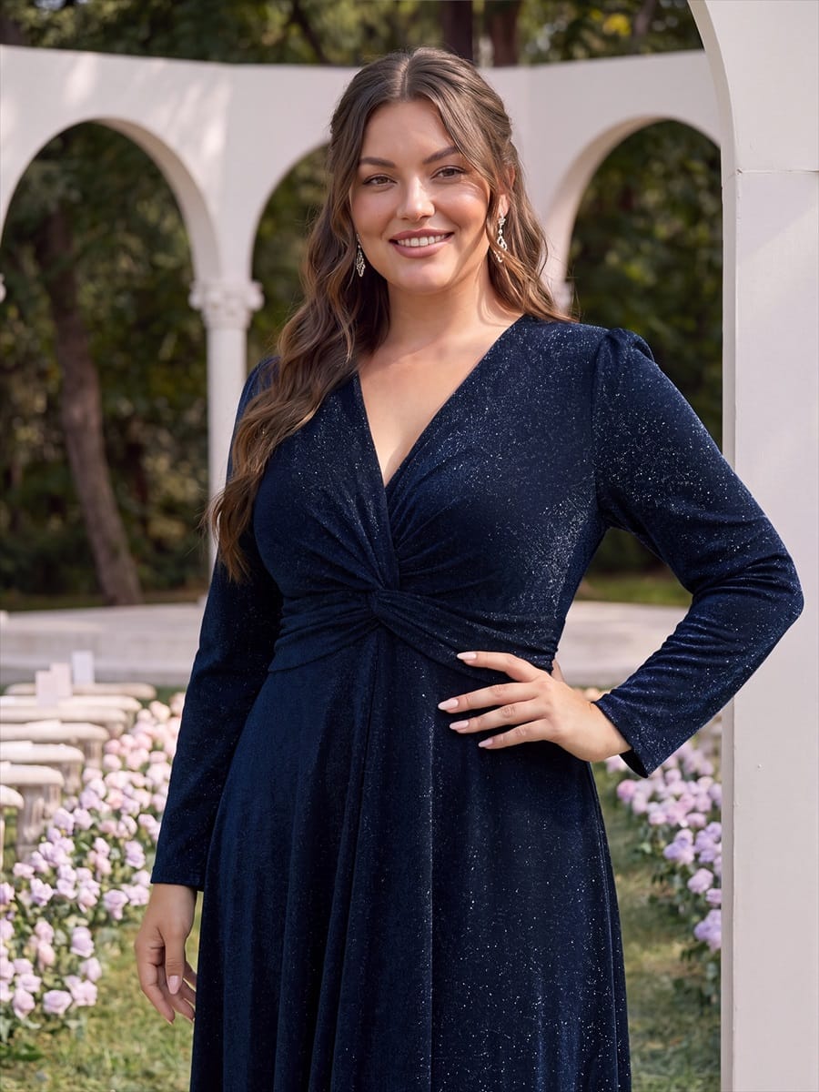 Knotted Knit Fitted Sleeve Dress #color_Navy Blue
