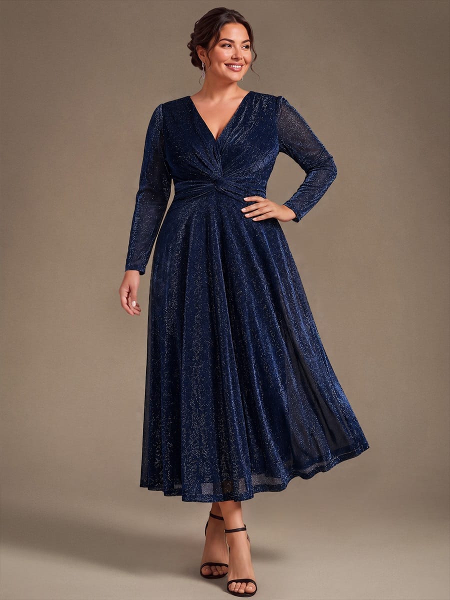 Knotted Knit Fitted Sleeve Dress #color_Navy Blue
