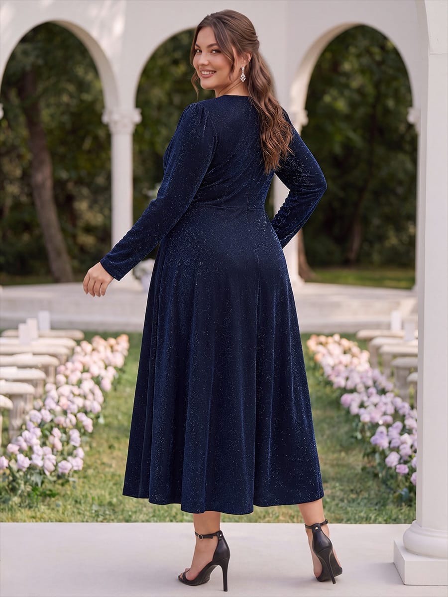 Knotted Knit Fitted Sleeve Dress #color_Navy Blue