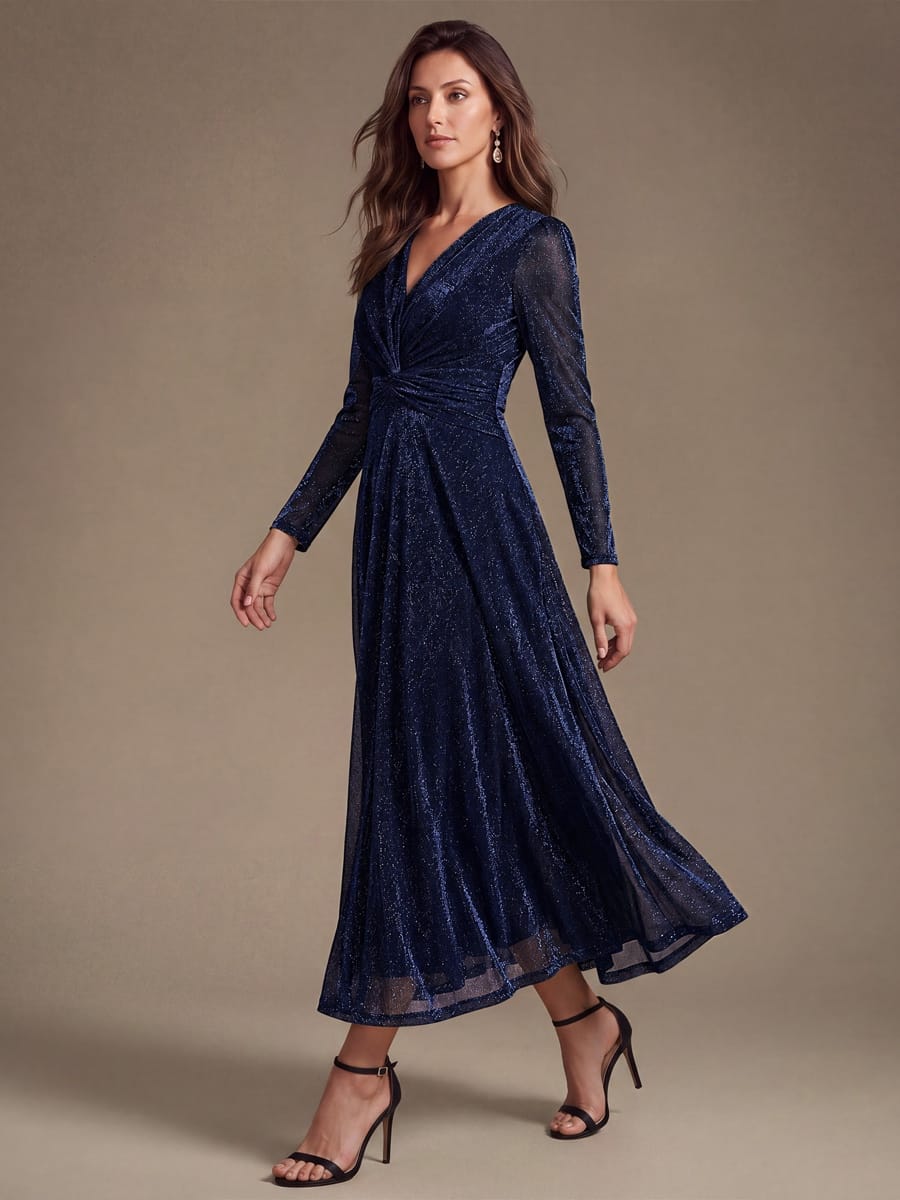 Knotted Knit Fitted Sleeve Dress #color_Navy Blue