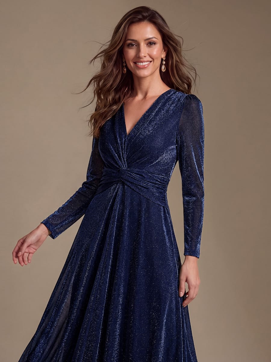 Knotted Knit Fitted Sleeve Dress #color_Navy Blue