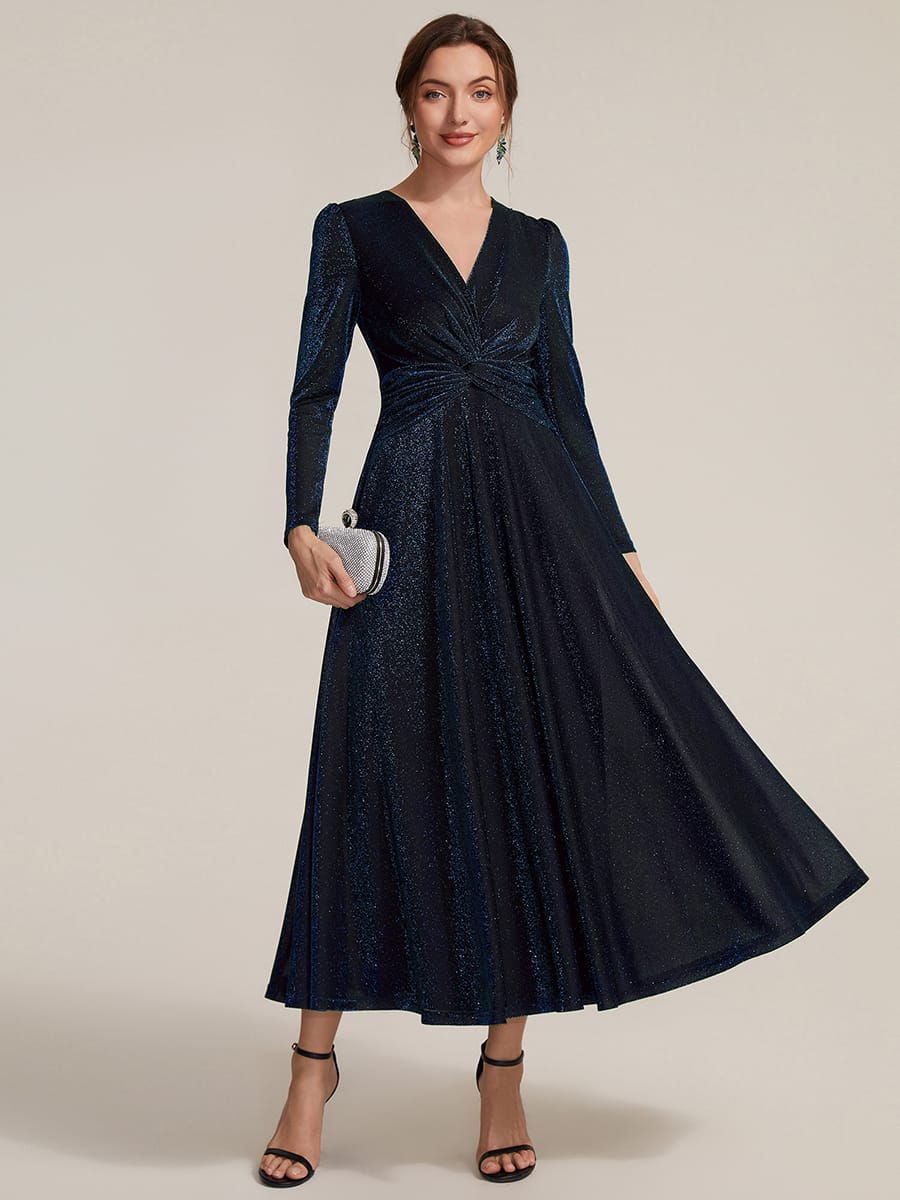 Knotted Knit Fitted Sleeve Dress #color_Navy Blue