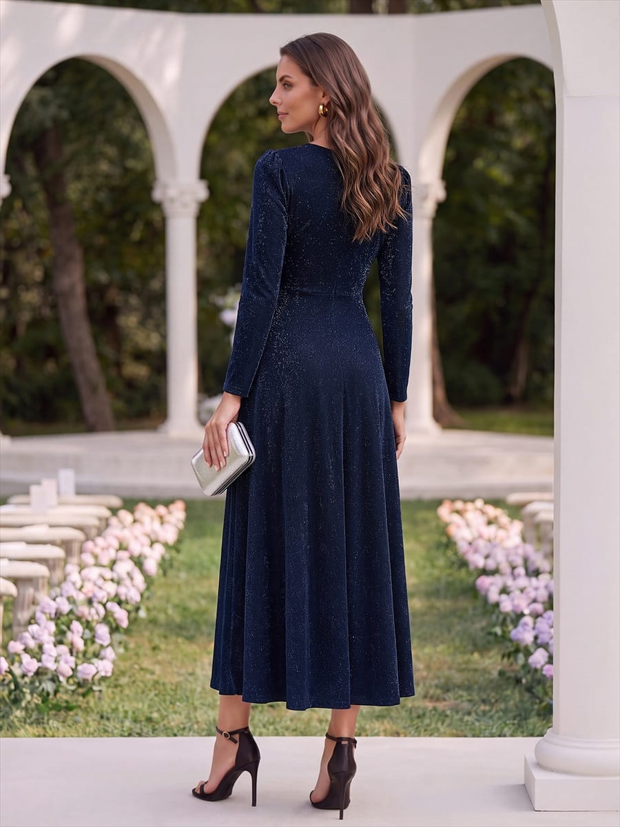Knotted Knit Fitted Sleeve Dress #color_Navy Blue