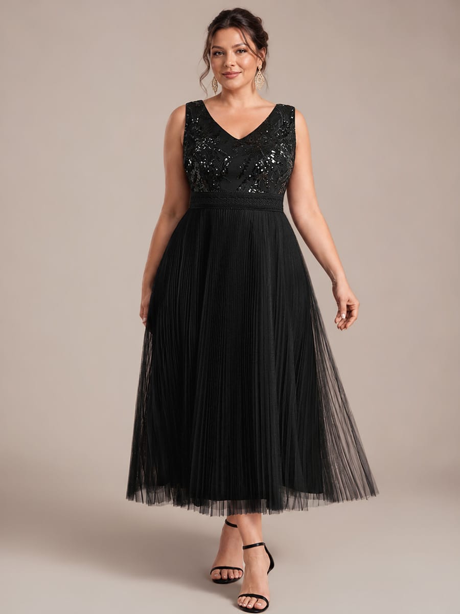 Sequin Tulle Sleeveless Dress #color_Black