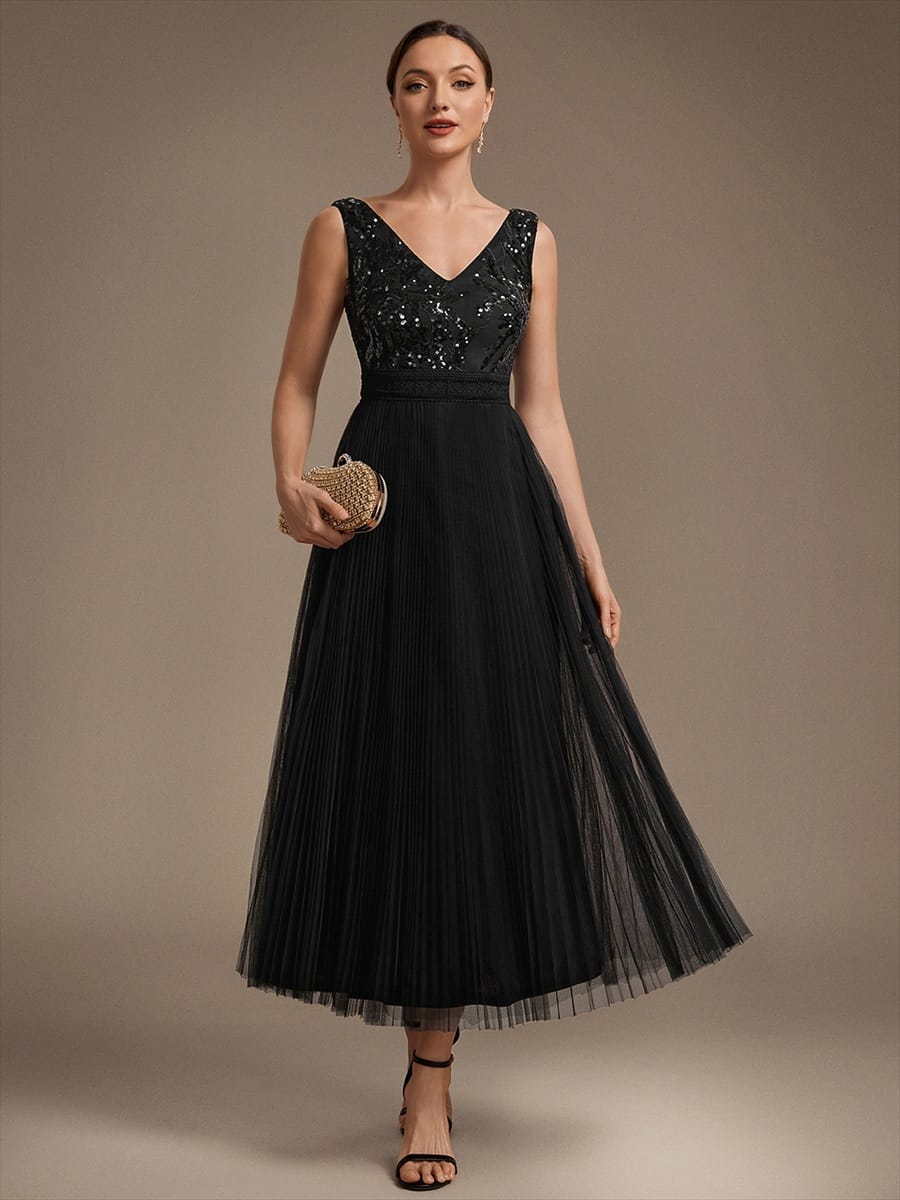 Sequin Tulle Sleeveless Dress #color_Black