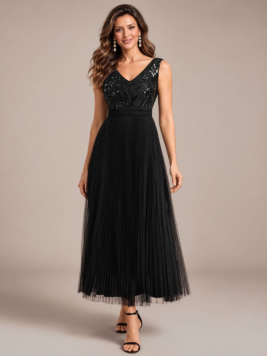 Sequin Tulle Sleeveless Dress #color_Black