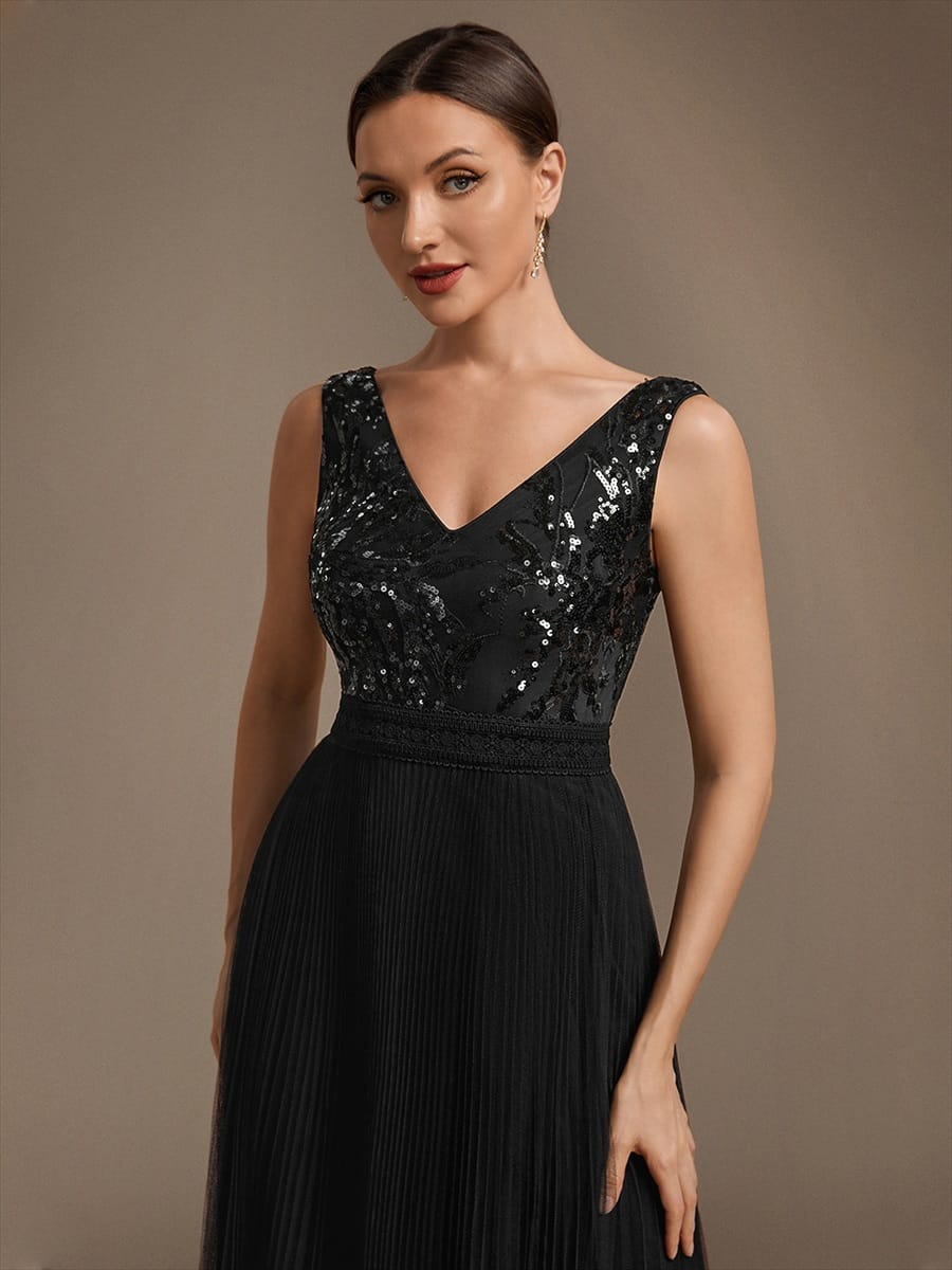 Sequin Tulle Sleeveless Dress #color_Black