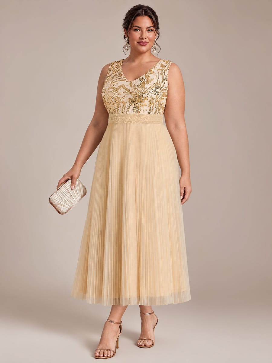 Sequin Tulle Sleeveless Dress #color_Gold