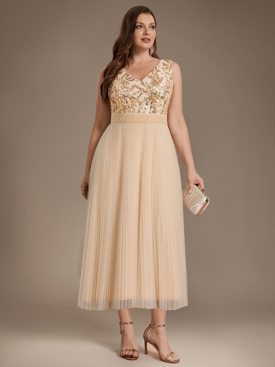 Sequin Tulle Sleeveless Dress #color_Gold