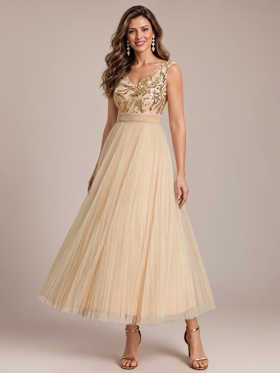 Sequin Tulle Sleeveless Dress #color_Gold