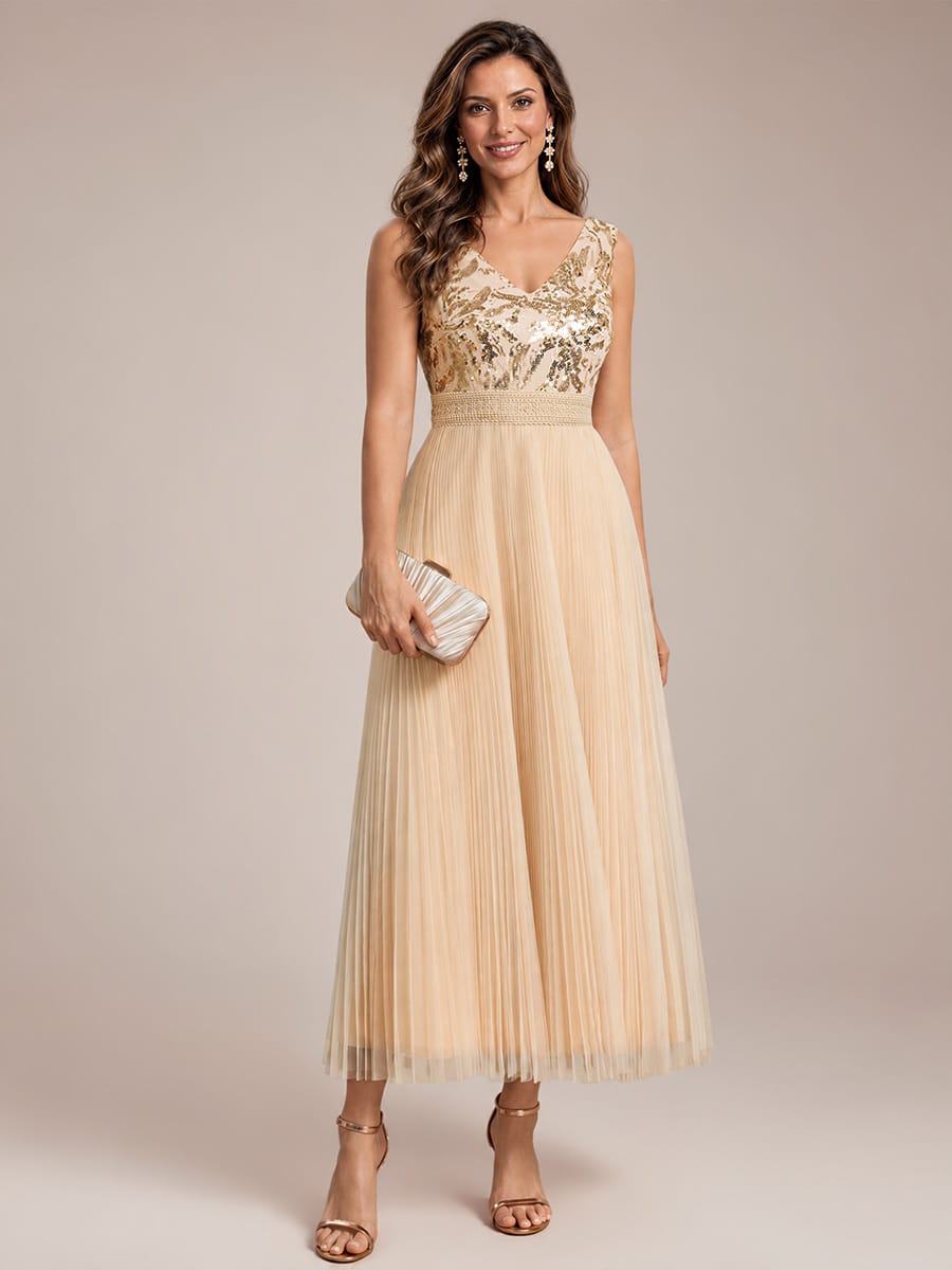 Sequin Tulle Sleeveless Dress #color_Gold