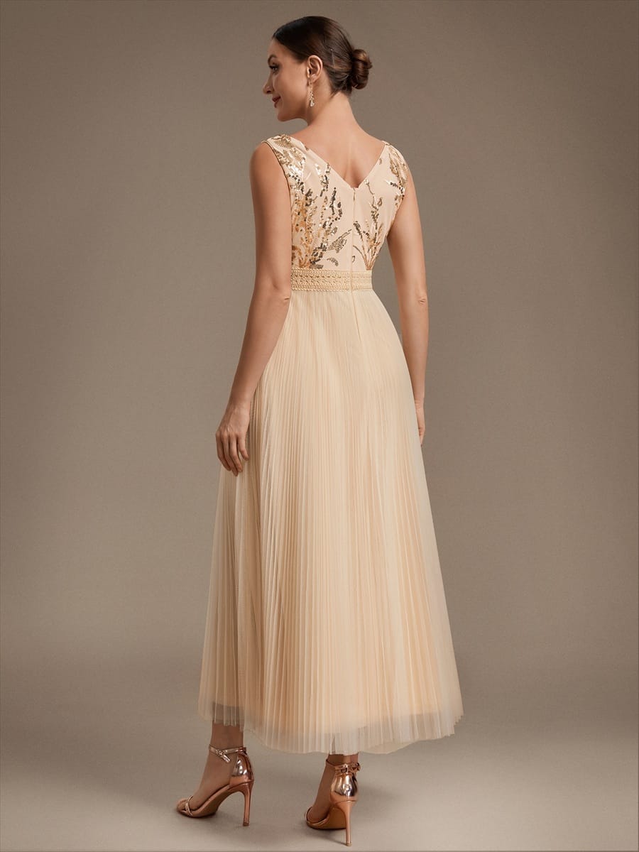 Sequin Tulle Sleeveless Dress #color_Gold