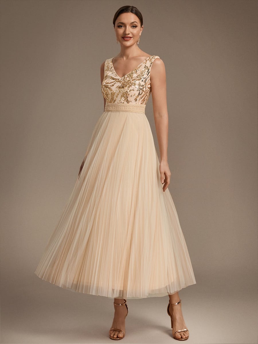 Sequin Tulle Sleeveless Dress #color_Gold