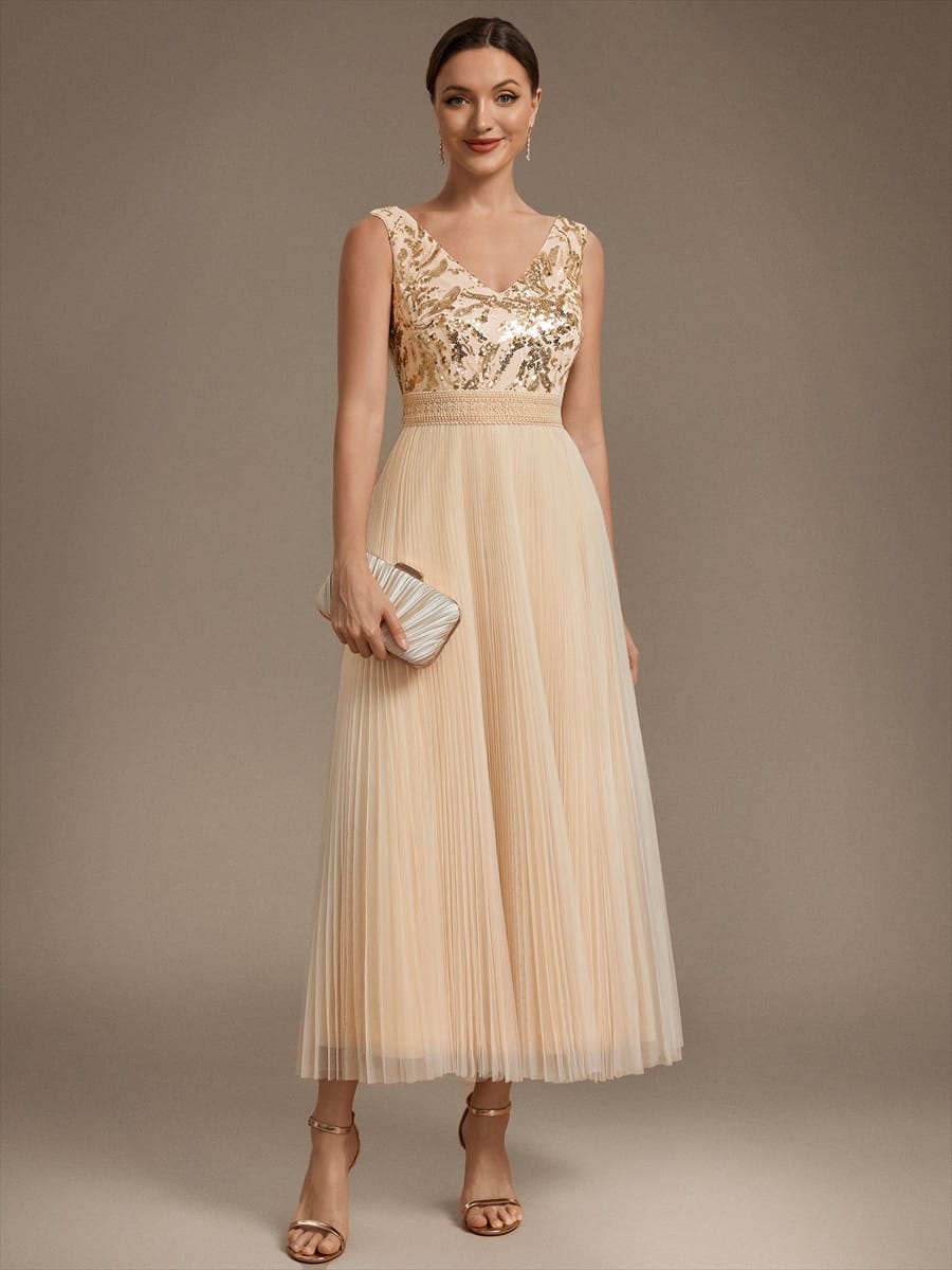Sequin Tulle Sleeveless Dress #color_Gold