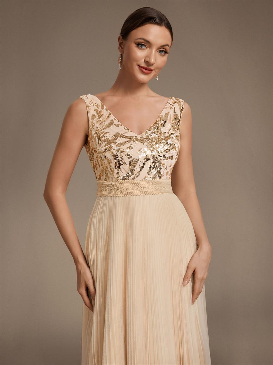 Sequin Tulle Sleeveless Dress #color_Gold