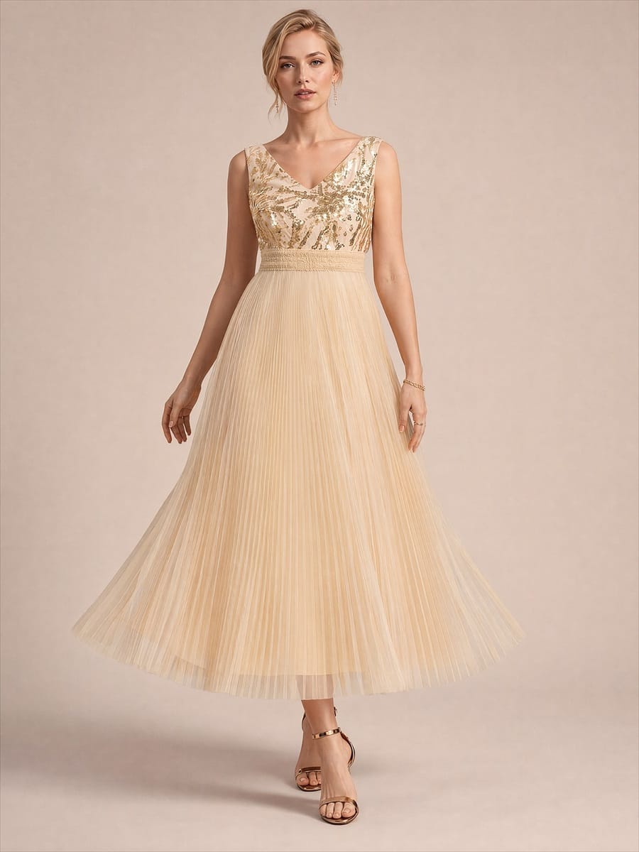Sequin Tulle Sleeveless Dress #color_Gold