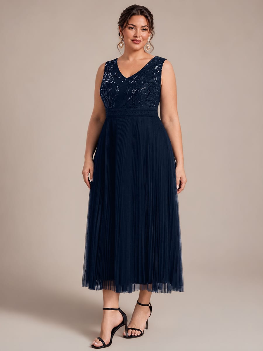 Sequin Tulle Sleeveless Dress #color_Navy Blue