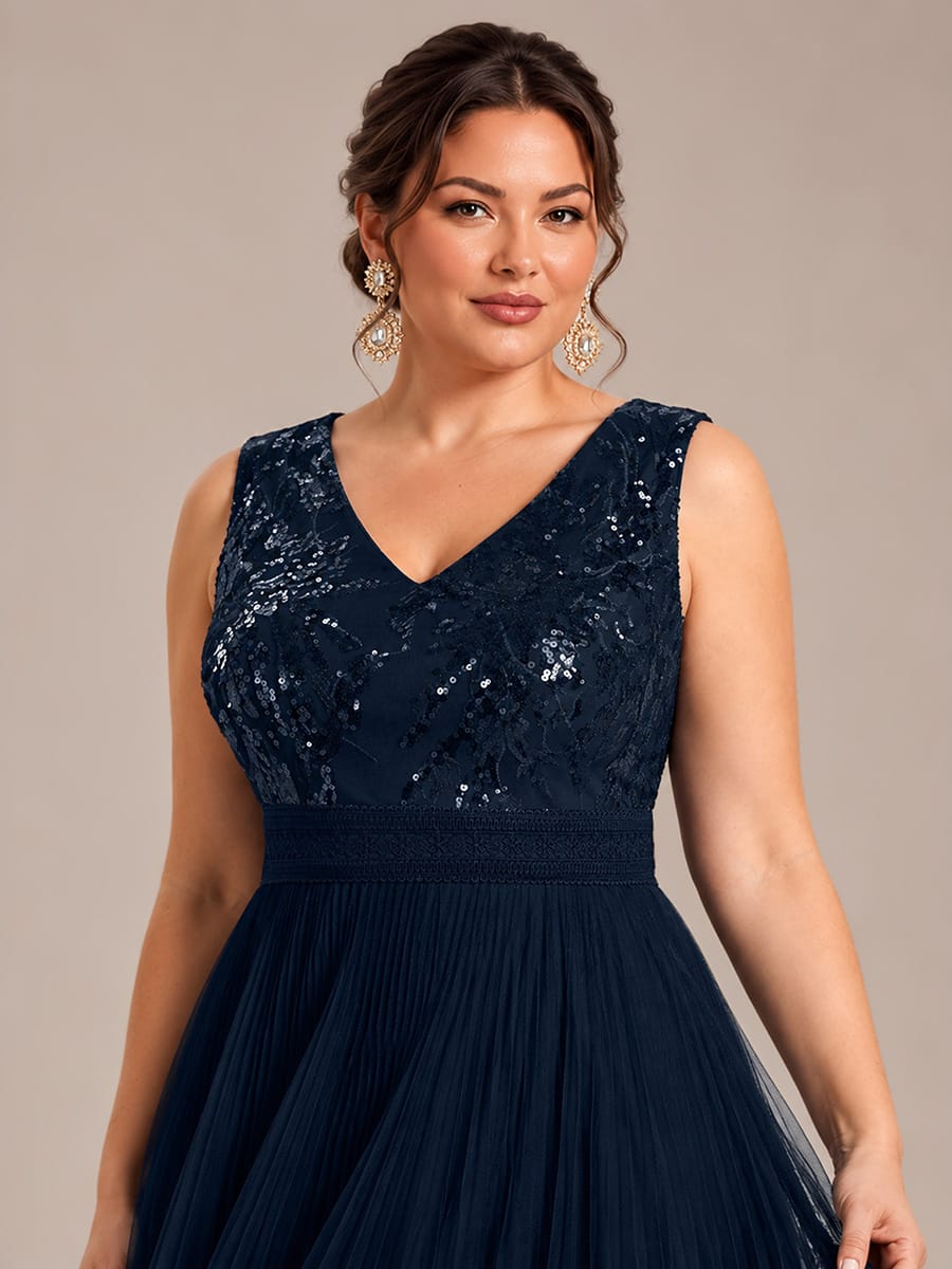 Sequin Tulle Sleeveless Dress #color_Navy Blue