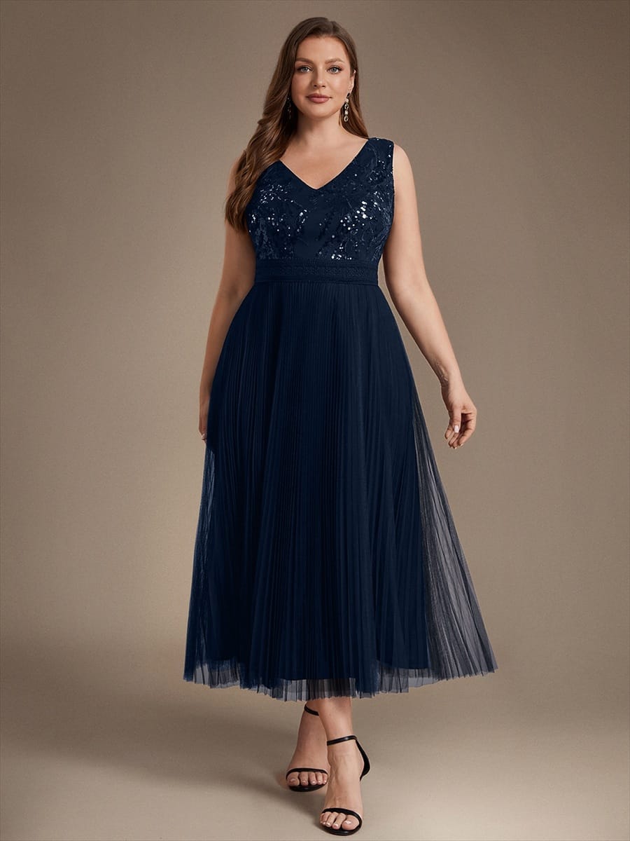 Sequin Tulle Sleeveless Dress #color_Navy Blue