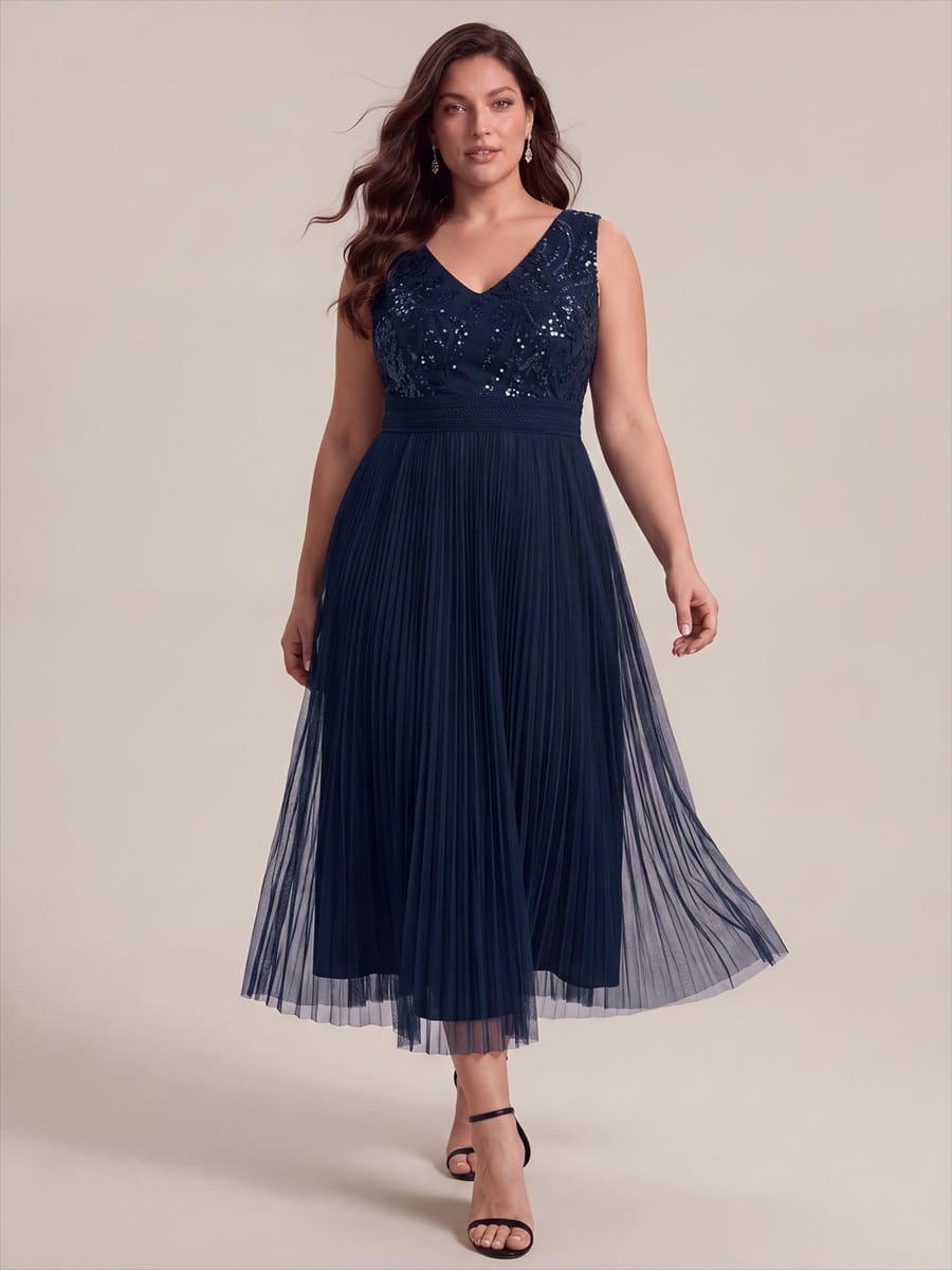 Sequin Tulle Sleeveless Dress #color_Navy Blue