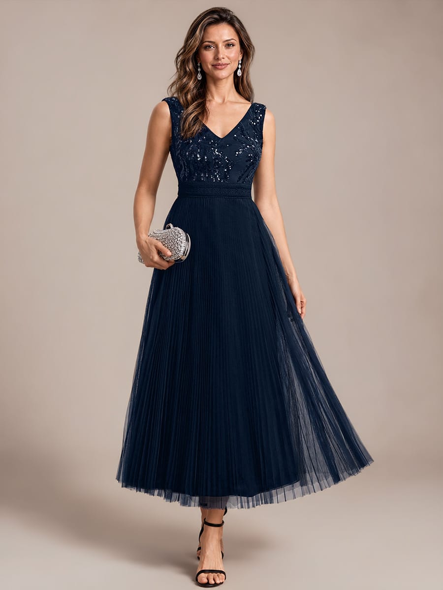Sequin Tulle Sleeveless Dress #color_Navy Blue