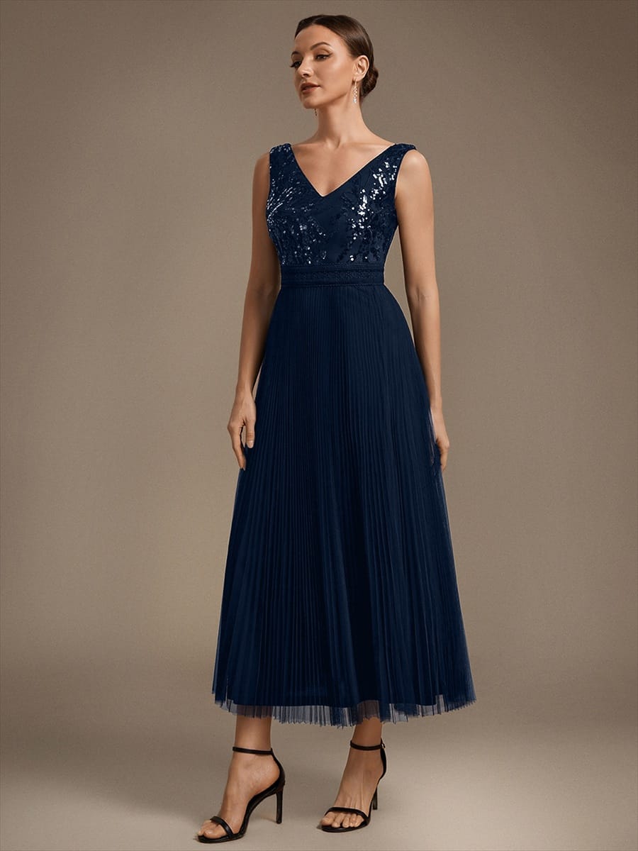 Sequin Tulle Sleeveless Dress #color_Navy Blue