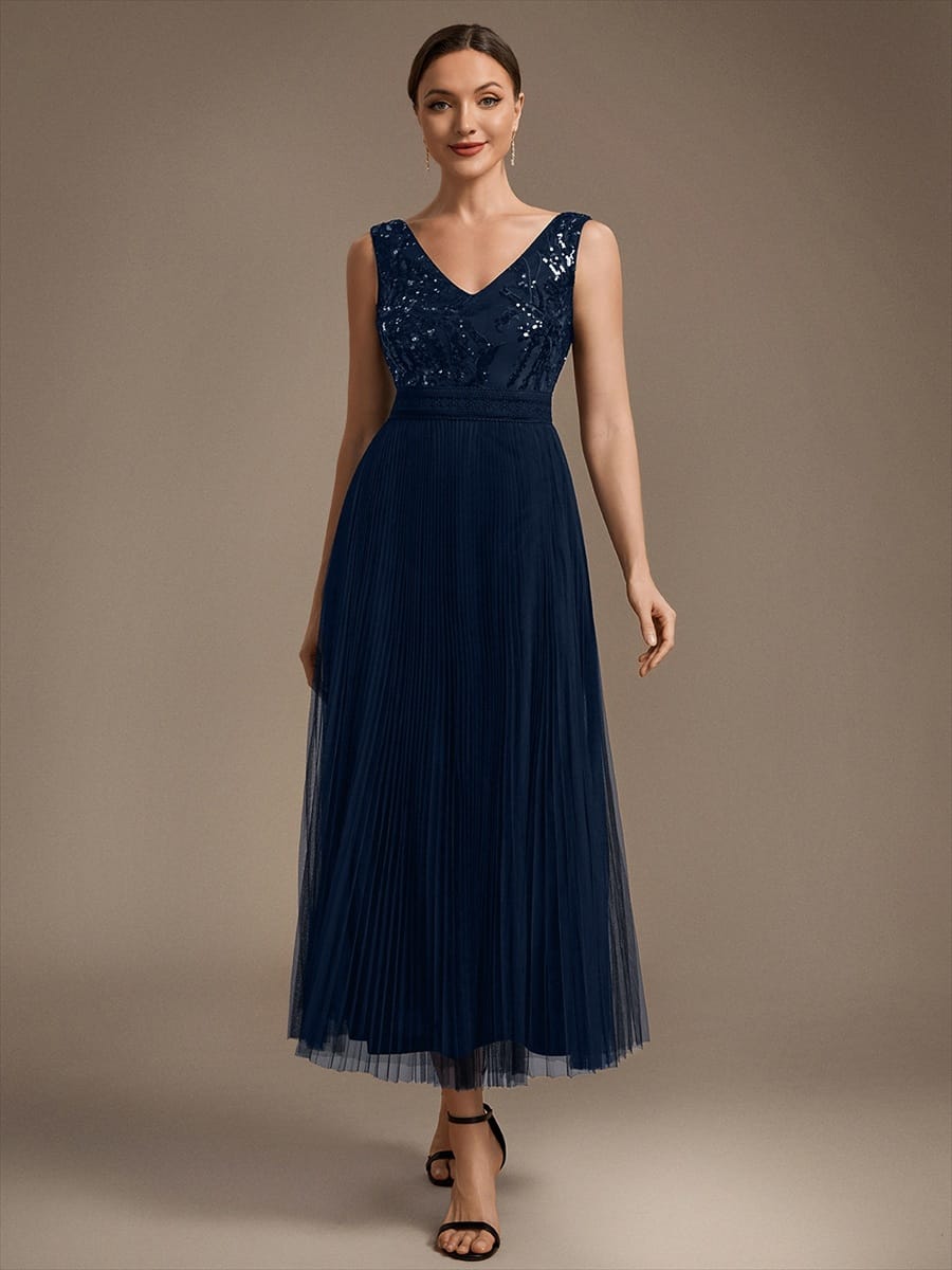 Sequin Tulle Sleeveless Dress #color_Navy Blue