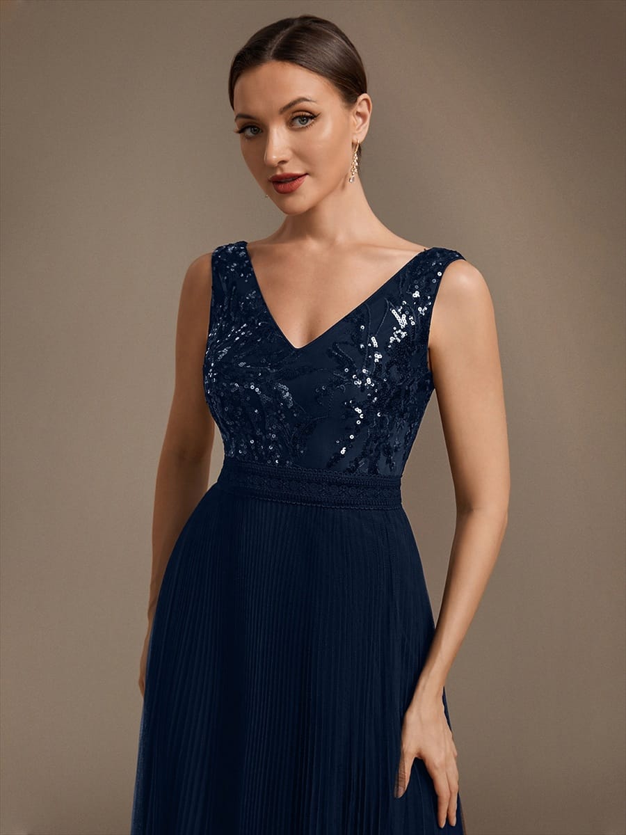 Sequin Tulle Sleeveless Dress #color_Navy Blue