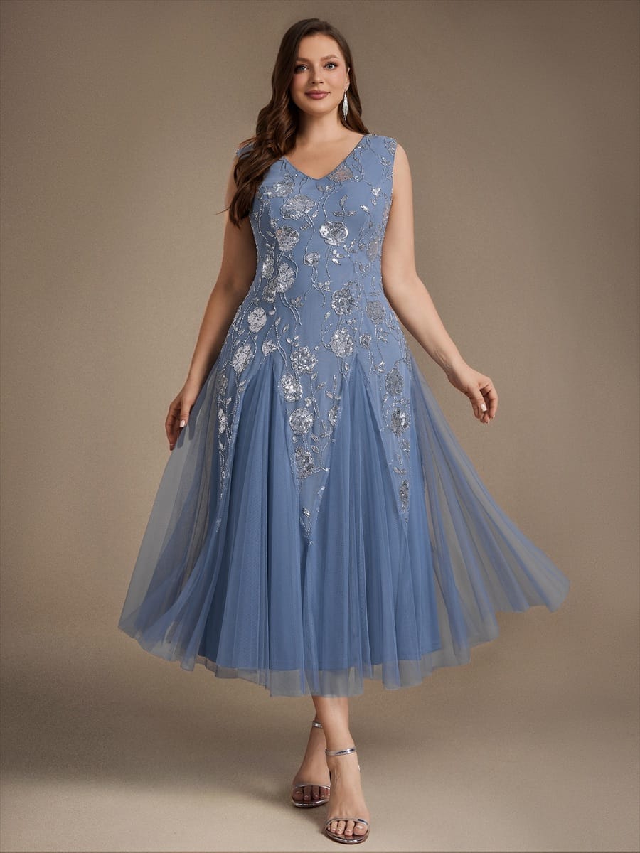 Beaded Sequin Sleeveless Dress #color_Dusty Blue