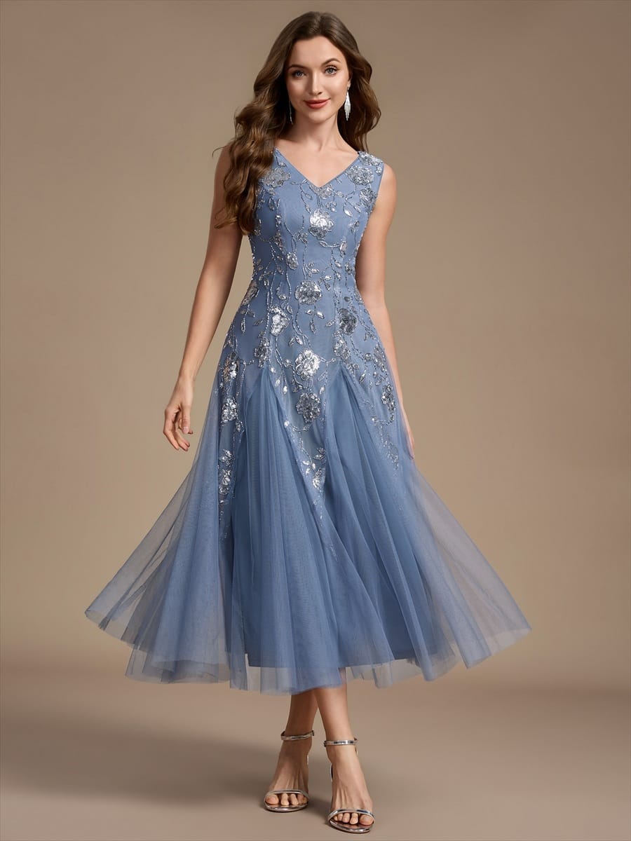 Beaded Sequin Sleeveless Dress #color_Dusty Blue