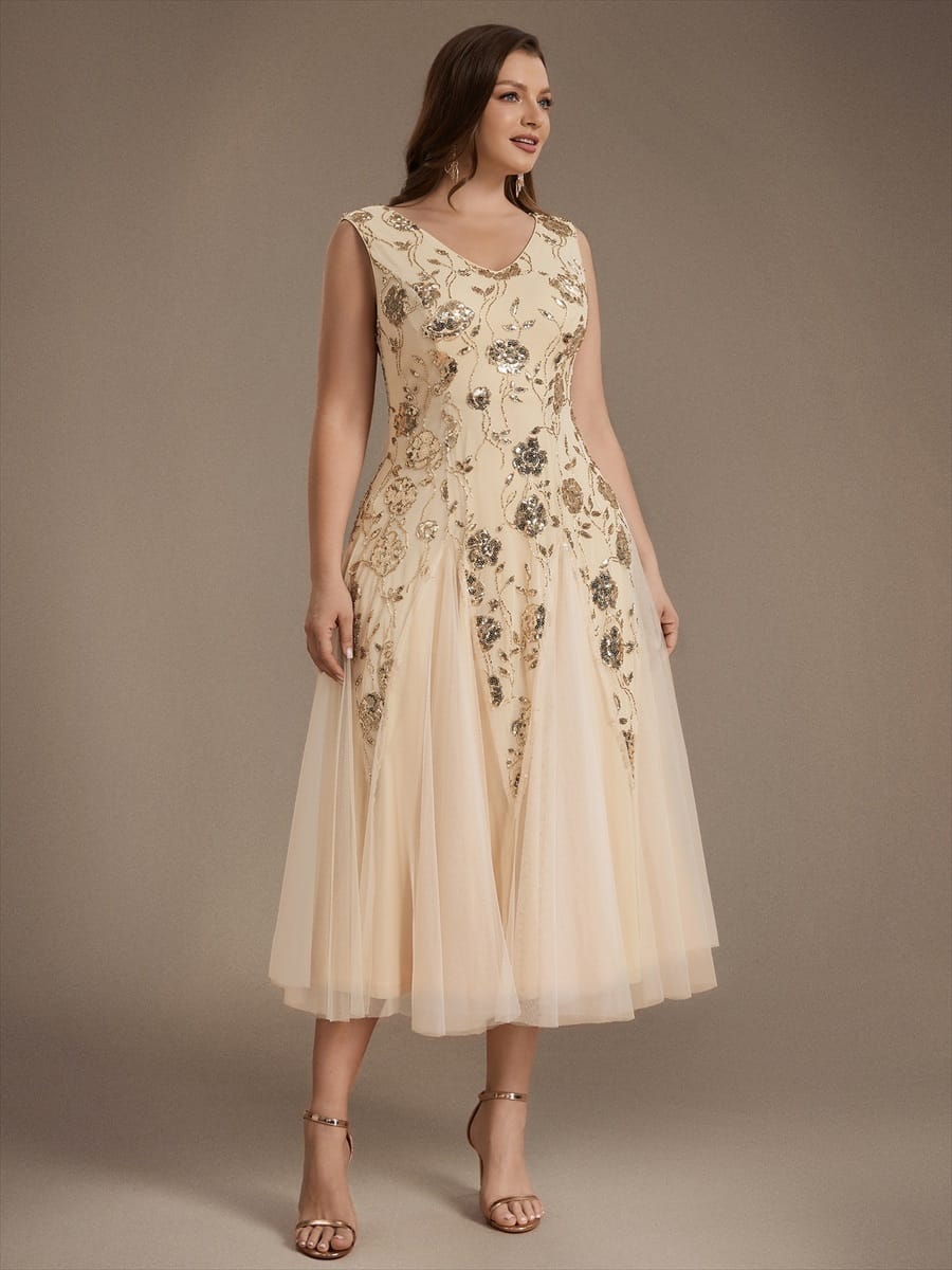 Beaded Sequin Sleeveless Dress #color_Gold