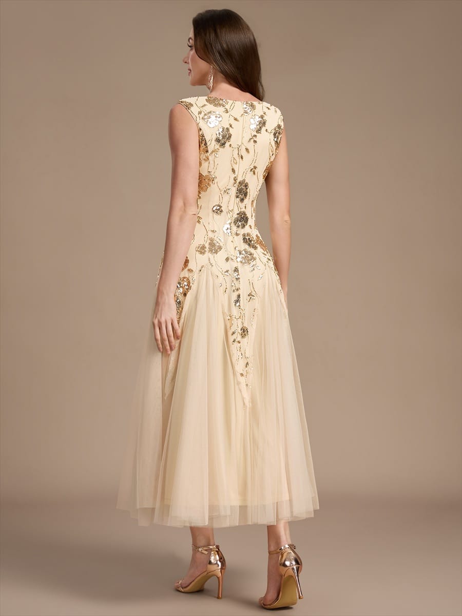 Beaded Sequin Sleeveless Dress #color_Gold