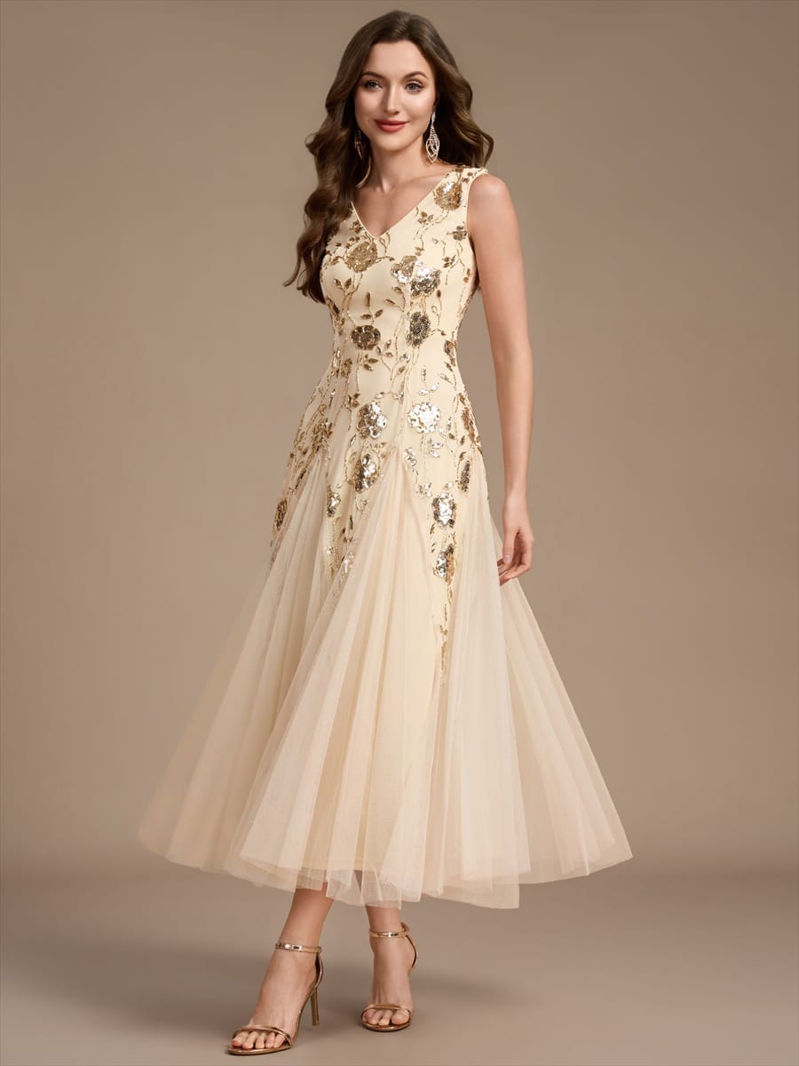 Beaded Sequin Sleeveless Dress #color_Gold