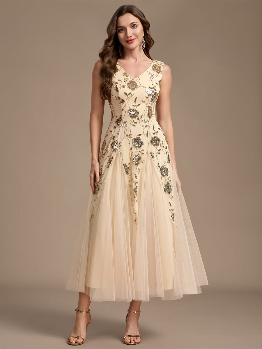 Beaded Sequin Sleeveless Dress #color_Gold