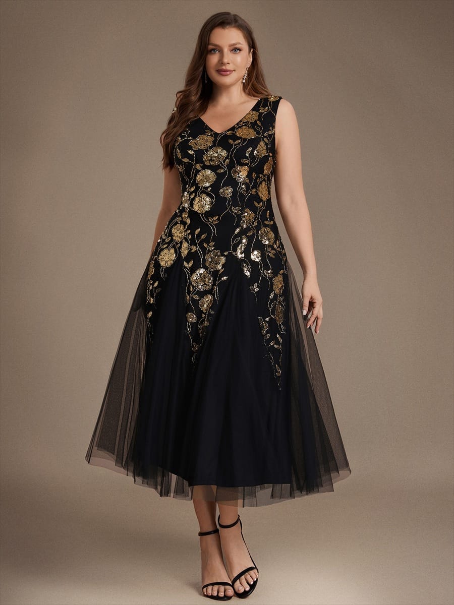 Beaded Sequin Sleeveless Dress #color_Black & Gold