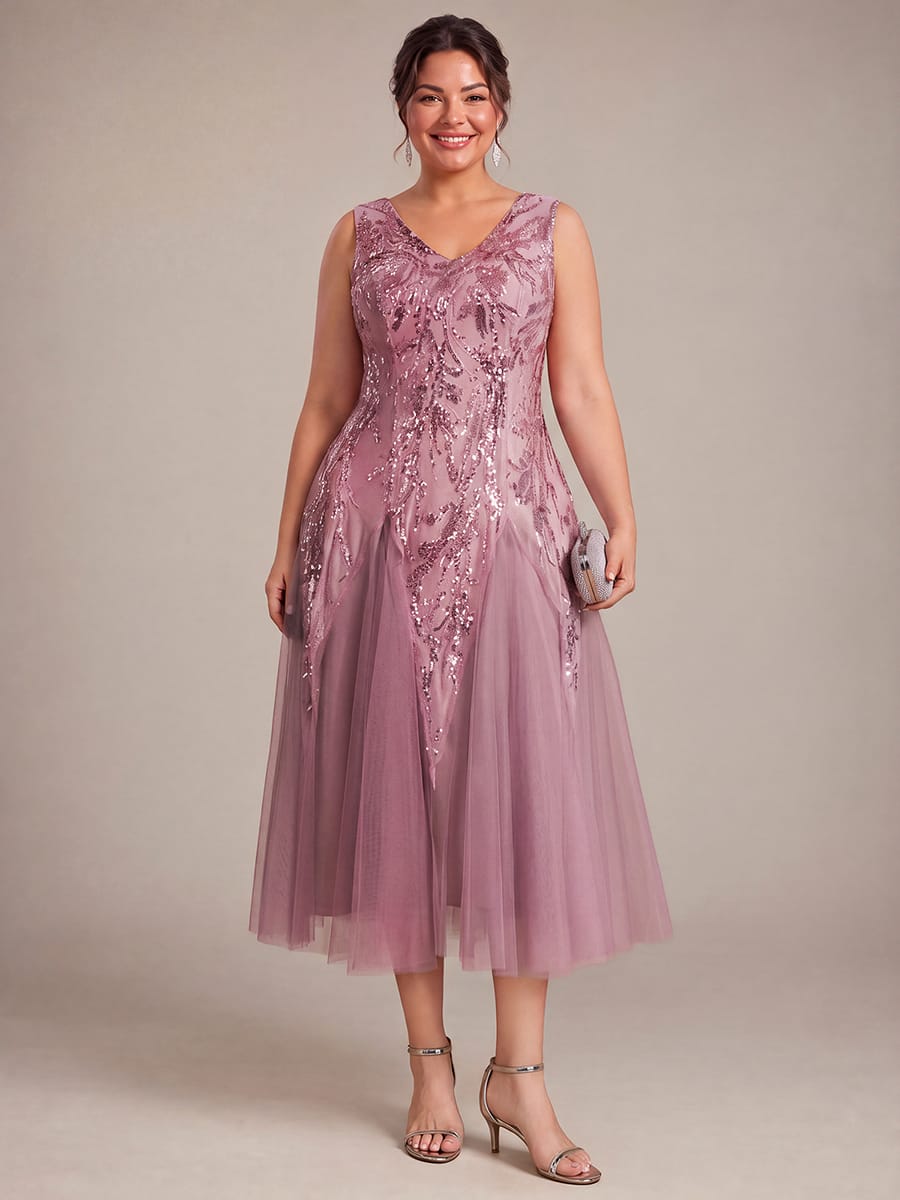 Sequins with Tea Length, V-neckline, A-line, Sleeveless and wedding guest dress #color_Purple Orchid
