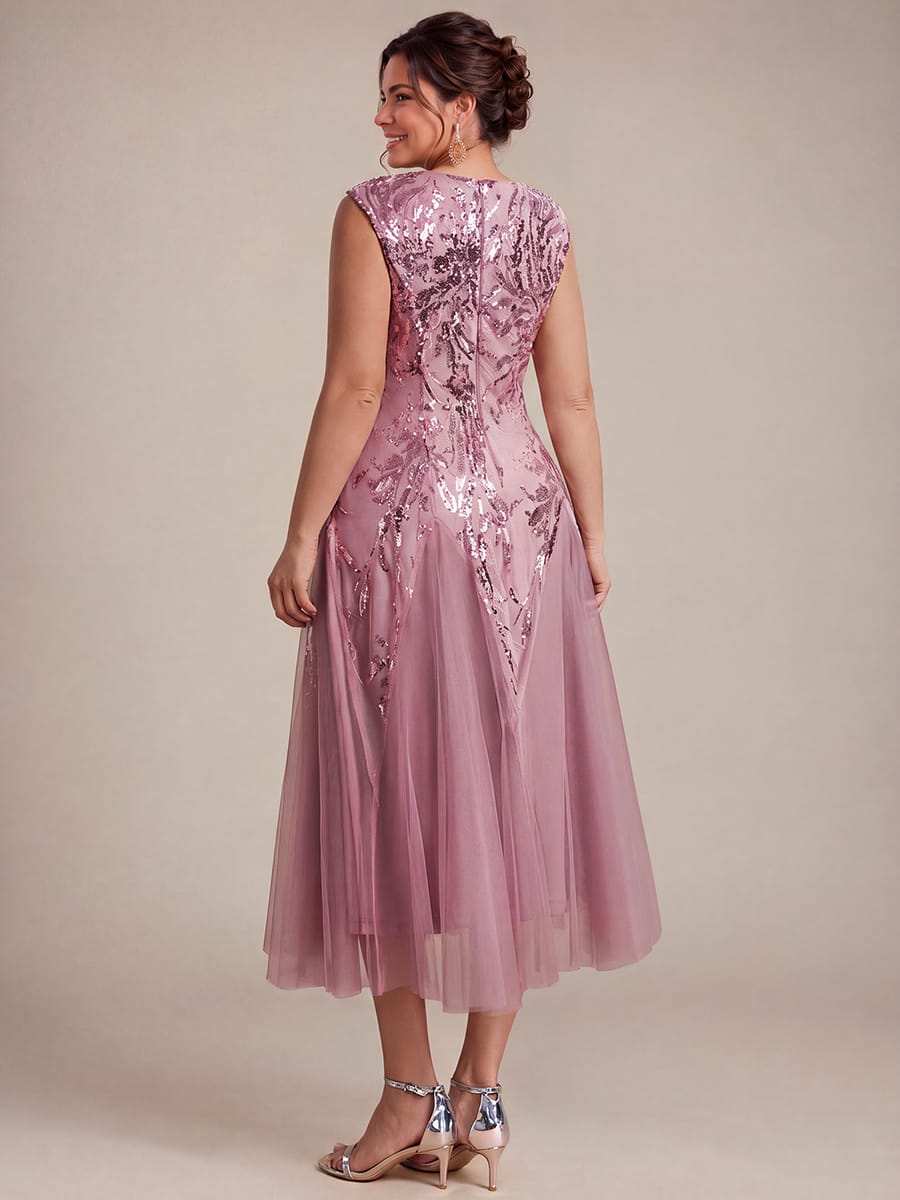 Sequins with Tea Length, V-neckline, A-line, Sleeveless and wedding guest dress #color_Purple Orchid