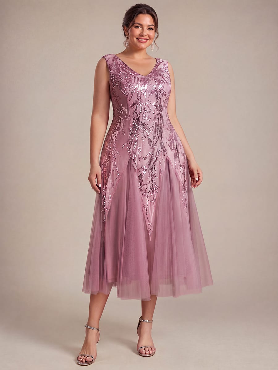 Sequins with Tea Length, V-neckline, A-line, Sleeveless and wedding guest dress #color_Purple Orchid