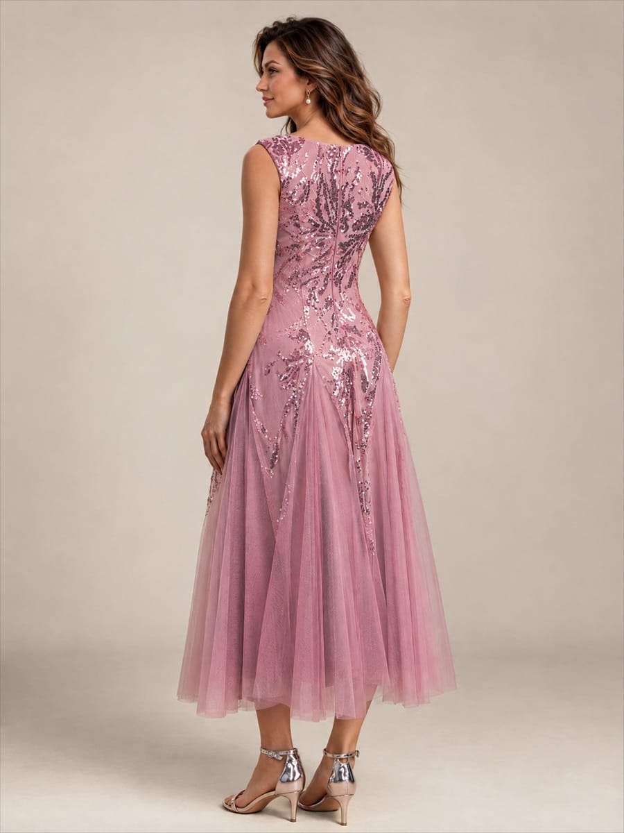 Sequins with Tea Length, V-neckline, A-line, Sleeveless and wedding guest dress #color_Purple Orchid