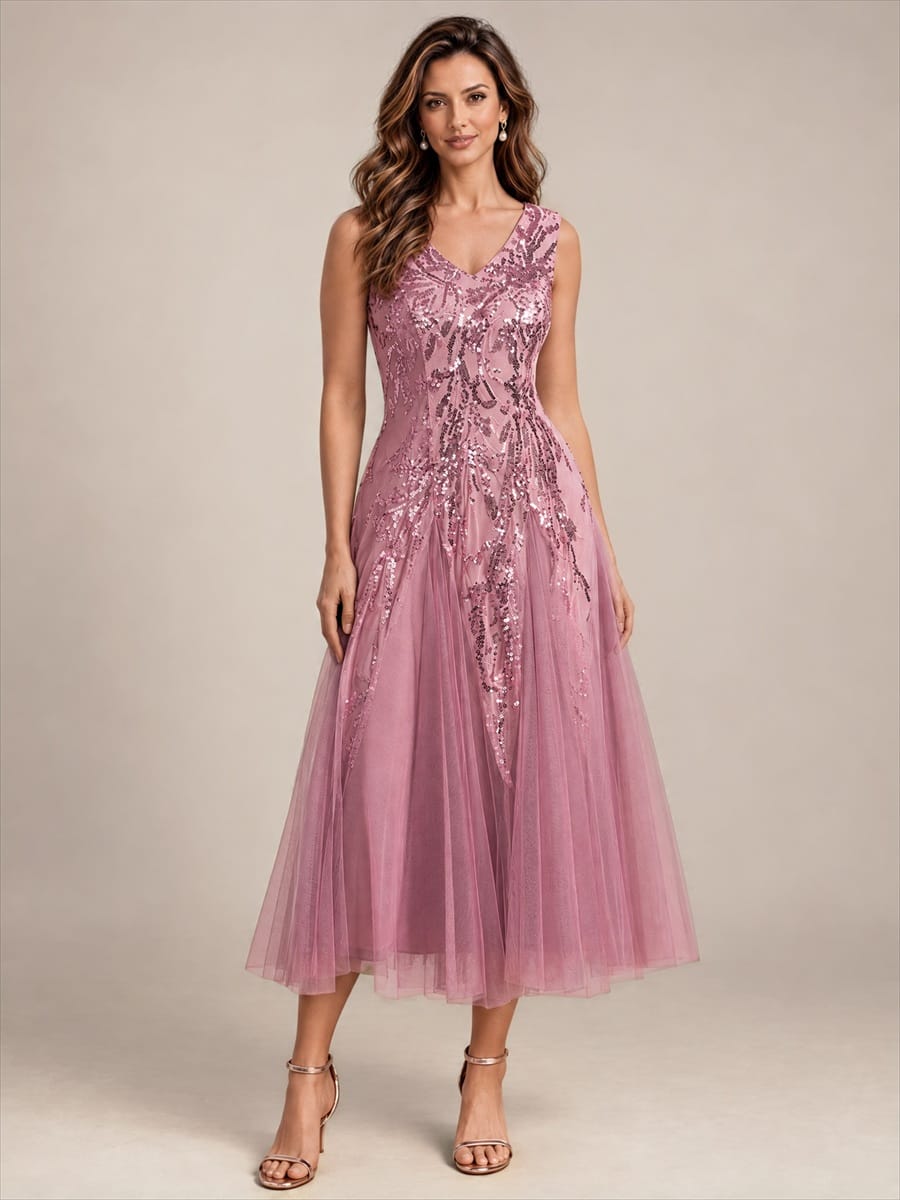 Sequins with Tea Length, V-neckline, A-line, Sleeveless and wedding guest dress #color_Purple Orchid