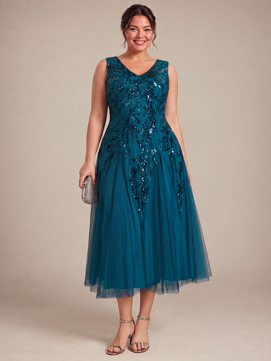 Sequins with Tea Length, V-neckline, A-line, Sleeveless and wedding guest dress #color_Teal