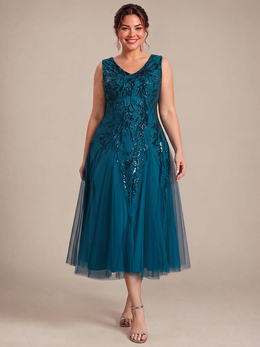 Sequins with Tea Length, V-neckline, A-line, Sleeveless and wedding guest dress #color_Teal