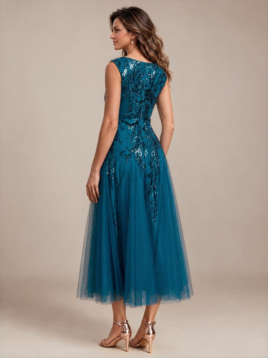 Sequins with Tea Length, V-neckline, A-line, Sleeveless and wedding guest dress #color_Teal