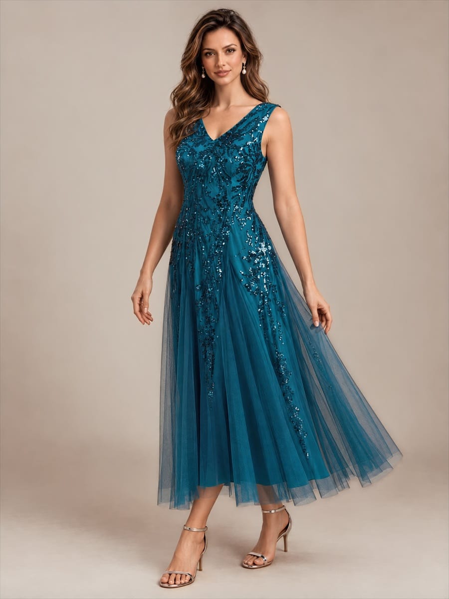 Sequins with Tea Length, V-neckline, A-line, Sleeveless and wedding guest dress #color_Teal