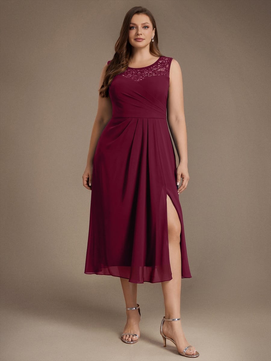 Chiffon with Tea Length, Round neckline, A-line, Sleeveless and wedding guest dress #color_Burgundy
