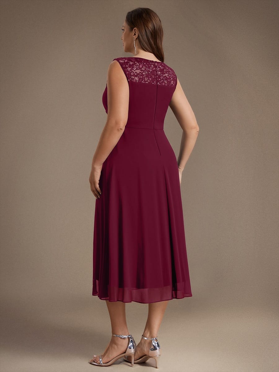 Chiffon with Tea Length, Round neckline, A-line, Sleeveless and wedding guest dress #color_Burgundy