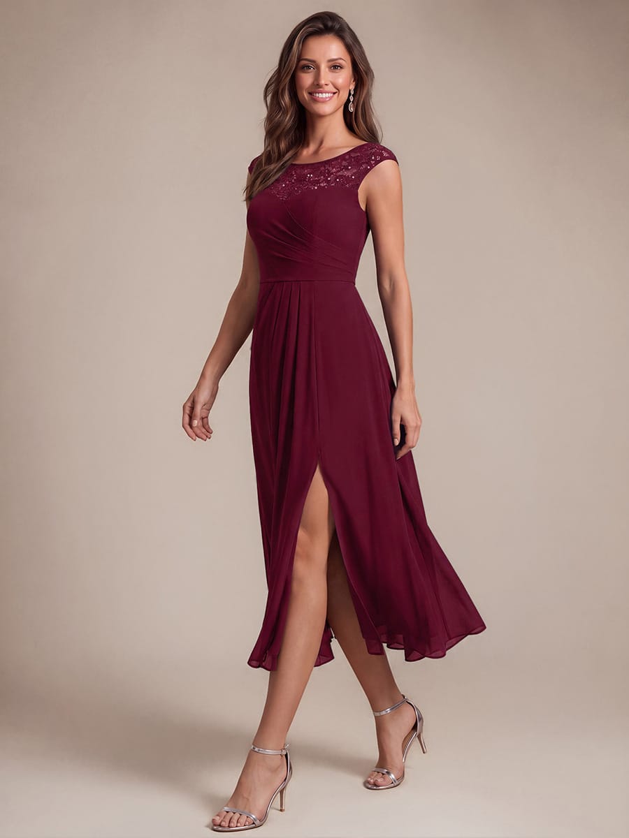 Chiffon with Tea Length, Round neckline, A-line, Sleeveless and wedding guest dress #color_Burgundy