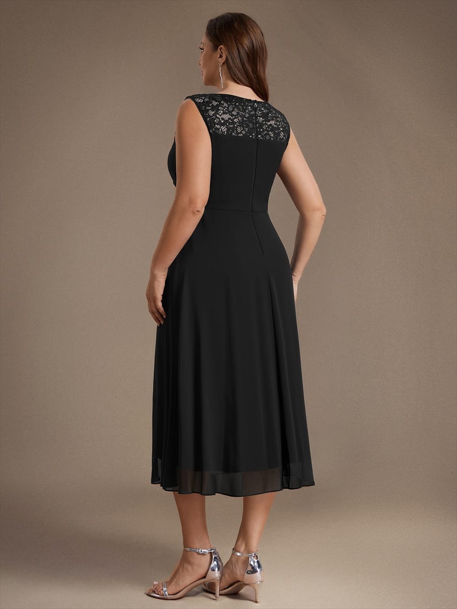 Chiffon with Tea Length, Round neckline, A-line, Sleeveless and wedding guest dress #color_Black