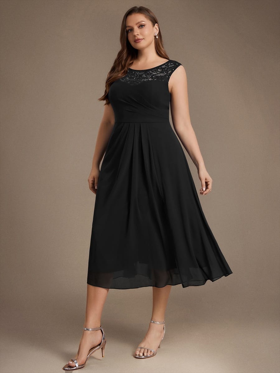 Chiffon with Tea Length, Round neckline, A-line, Sleeveless and wedding guest dress #color_Black